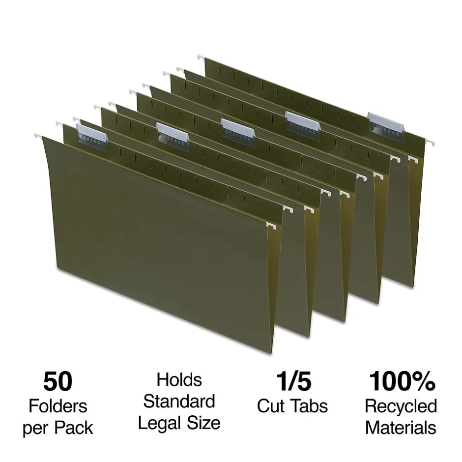 Staples 95% Recycled Hanging File Folder, 1/5-Cut Tab, Legal Size, Standard Green, 50/Box (ST490853/490853) Online