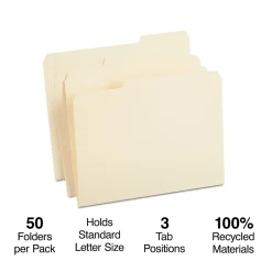 Staples 100% Recycled Heavyweight Reinforced File Folders, 1/3-Cut Tab, Letter Size, Manila, 50/Box (ST452830/452830) Discount