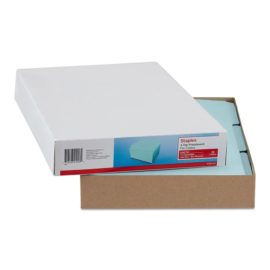 Staples 60% Recycled Heavyweight File Folders, 1/3-Cut Tab, Legal Size, Light Blue, 25/Box (ST621318) Discount