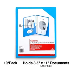 Staples 10% Recycled Matte 2-Pocket Paper Presentation Folder with Fasteners, , 10/Pack (13389-CC) Light Blue Online