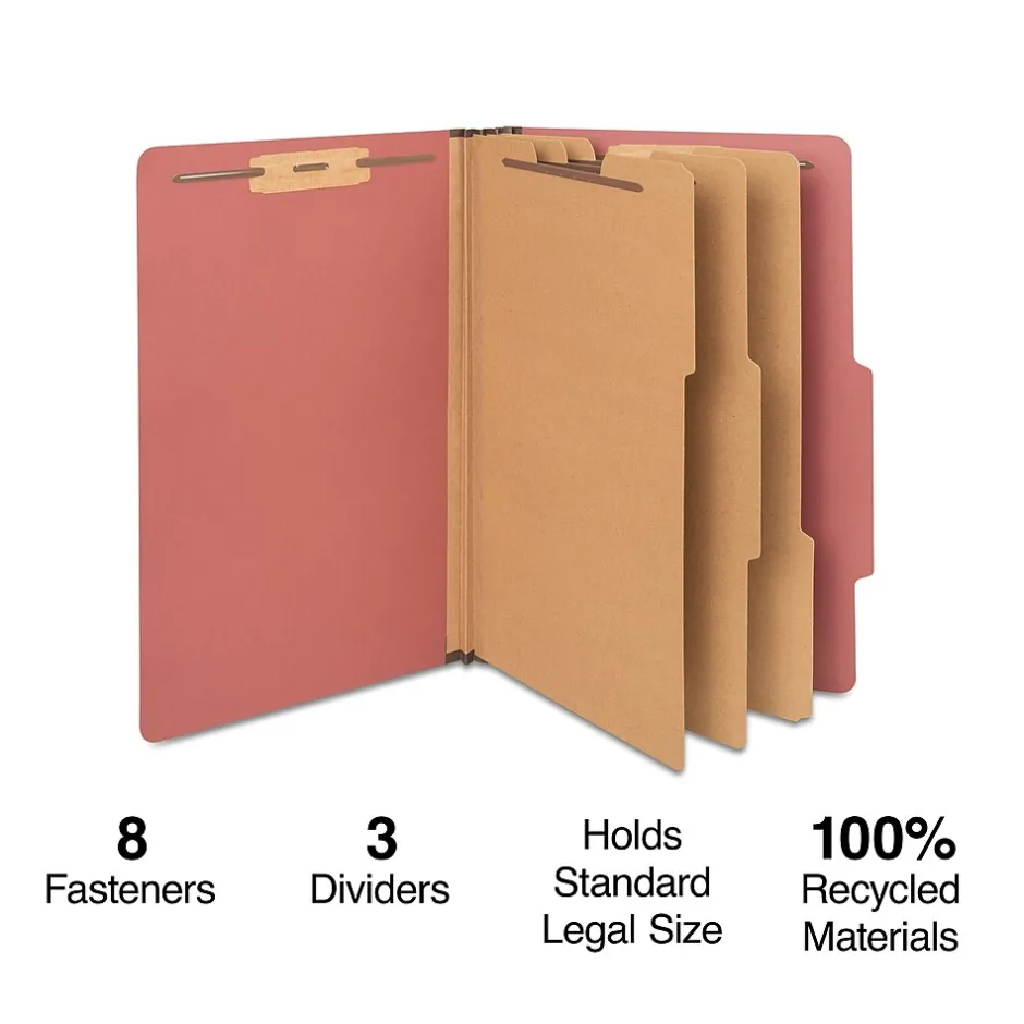 Staples 60% Recycled Pressboard Classification Folder, 3-Dividers, 3.5" Expansion, Legal Size, , 20/Box Brick Red Outlet
