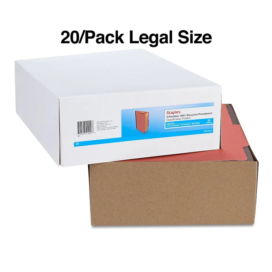 Staples 60% Recycled Pressboard Classification Folder, 3-Dividers, 3.5" Expansion, Legal Size, , 20/Box Brick Red Outlet