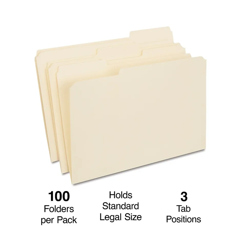 Staples 30% Recycled Reinforced File Folder, 1/3-Cut Tab, Legal Size, Manila, 100/Box (ST606814/606814) Hot