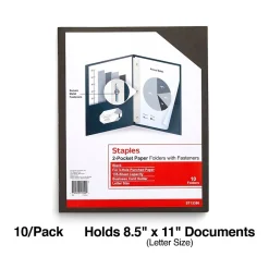 Staples 10% Recycled Smooth 2-Pocket Paper Presentation Folder with Fasteners, , 10/Pack (13386-US) Black New