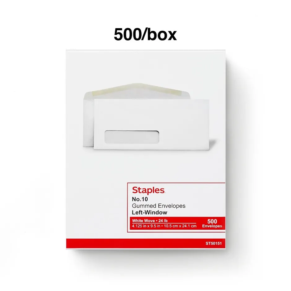 Staples #10 Window Envelopes, 4 1/8" x 9 1/2", White Wove, 500/Box (ST50151-CC)* Window