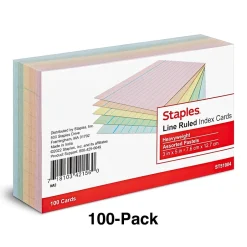 3" x 5" Index Cards, Lined, Assorted Colors, 100/Pack (TR51004) Index Cards