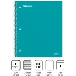 Staples Accel 1-Subject Notebook, 8.5" x 11", College Ruled, 100 Sheets, Blue (ST20955D) Teal Discount