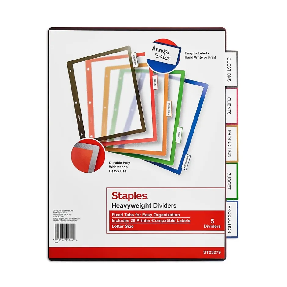 Staples Better Print & Apply Label Plastic Divider, 5 Tabs, Assorted Colors, 1 Set (23279-CC)
