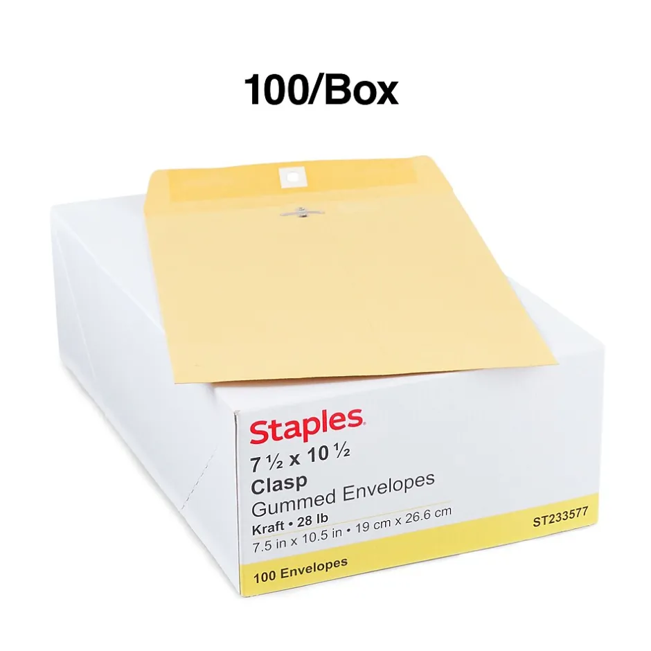 Staples Clasp & Moistenable Glue Kraft Catalog Envelopes, 7.5"L x 10.5"H, Brown, 100/Box (233577/19268)* Catalog