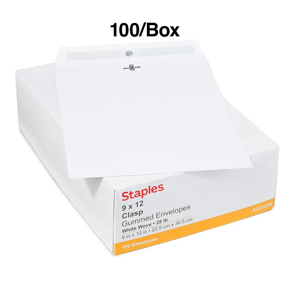 Staples Clasp Catalog Envelopes, 9"L x 12"H, White, 100/Box (570253/14210)* Security Tinted