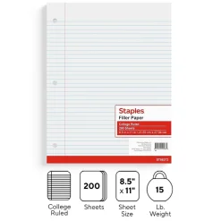 Staples College Ruled Filler Paper, 8.5" x 11", White, 200 Sheets/Pack (TR58372) Discount