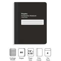 Staples Composition Notebook, 7.5" x 9.75", College Ruled, 80 Sheets, Black, 4/Pack (ST58293) Clearance