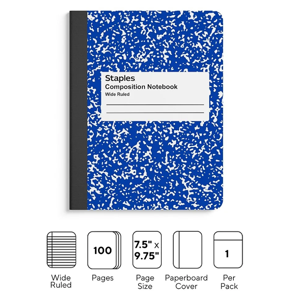 Staples ® Composition Notebook, 7.5" x 9.75", Wide Ruled, 100 Sheets, (ST55073) Blue Clearance