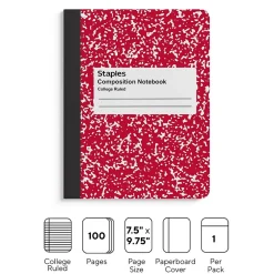 Staples ® Composition Notebook, 7.5" x 9.75", College Ruled, 100 Sheets, (ST55065) Red