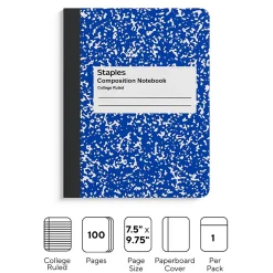 Staples ® Composition Notebook, 7.5" x 9.75", College Ruled, 100 Sheets, (ST55067) Blue Hot