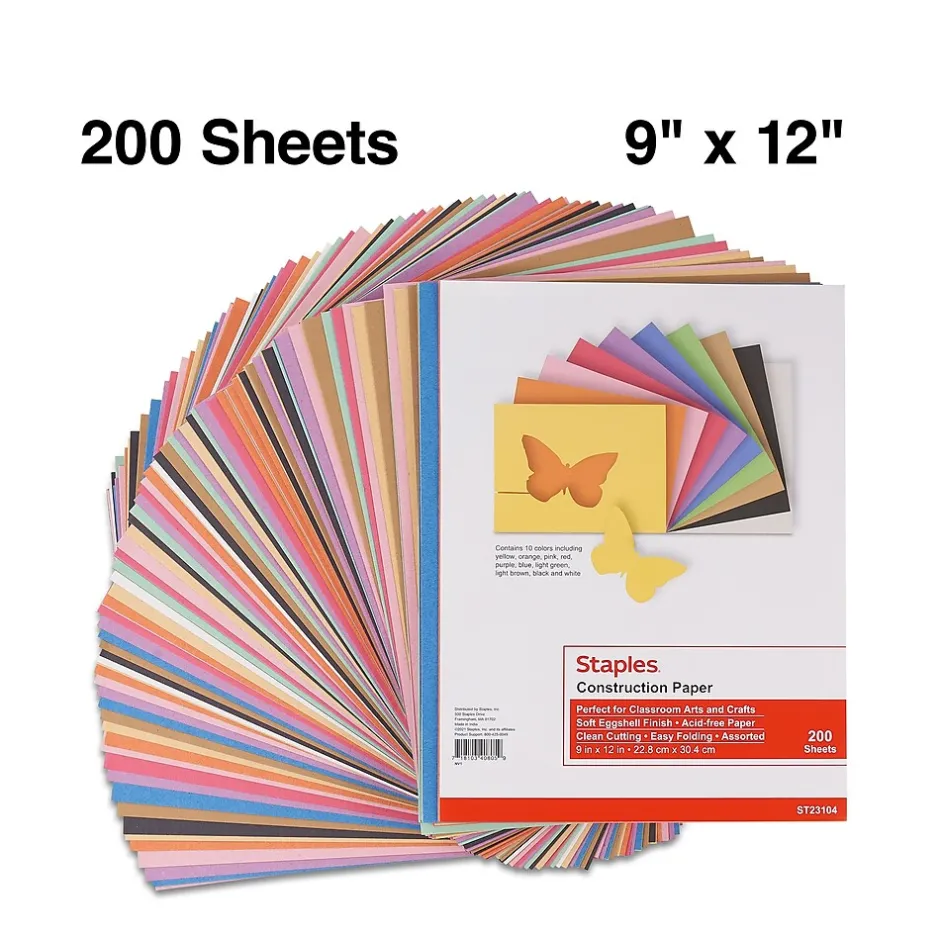 Hot Construction Paper, 9"W x 12"L, Assorted, 200/Pack (23104) Construction Paper
