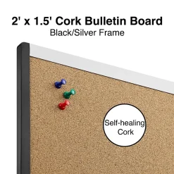 New Durable Cork Bulletin Board, Black/Silver Frame, 2' x 1.5' (ST52490-US) Bulletin