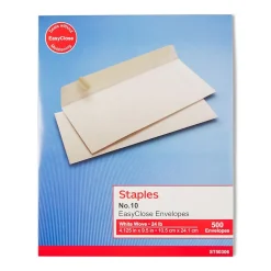 Staples EasyClose #10 Business Envelopes, 4 1/8" x 9 1/2", White, 500/Box (50306)* Business