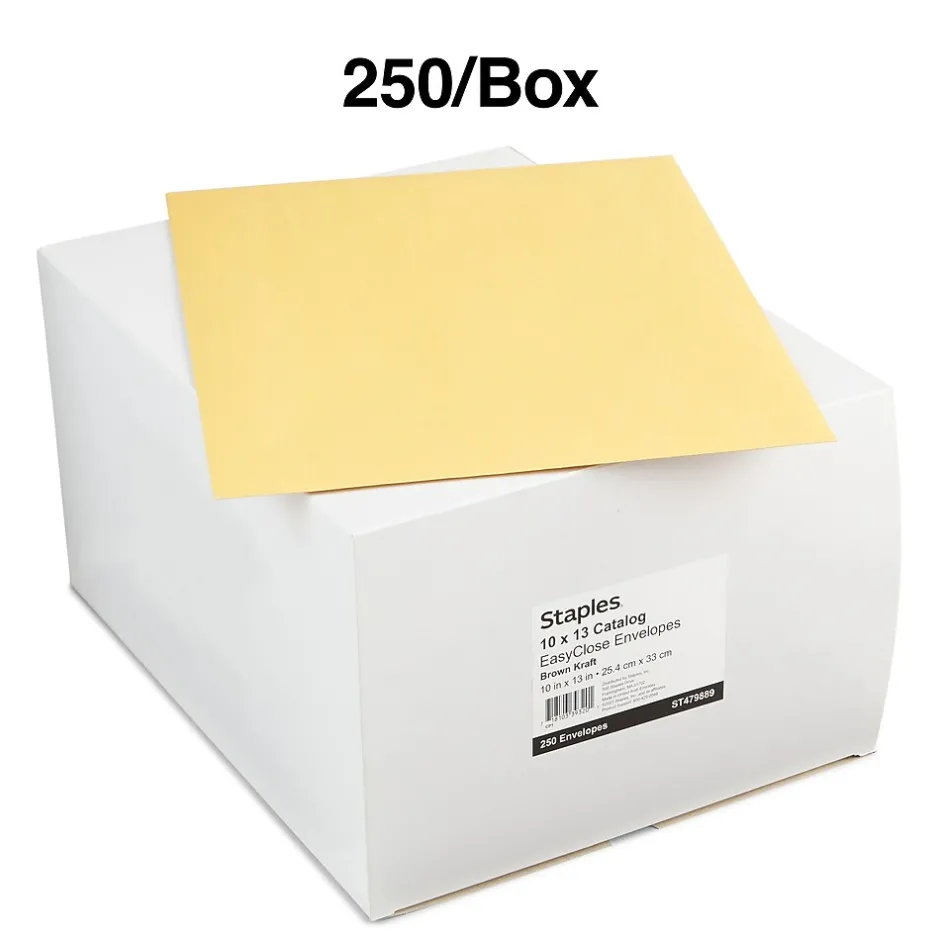 Staples EasyClose Kraft Catalog Envelopes, 10"L x 13"H, Brown, 250/Box (479889/14238)* Security Tinted