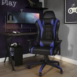 New Staples Vartan Bonded Leather Ergonomic Gaming Chair, Black/Blue (53242V) Gaming Chairs