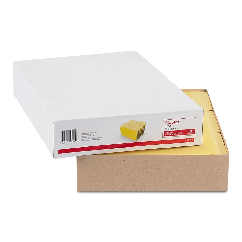 Staples File Folder, 1/3-Cut Tab, Legal Size, , 100/Box (ST224576-CC) Yellow Discount