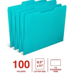 Staples File Folder, 1/3-Cut Tab, Letter Size, Teal, 100/Box (ST62567) New