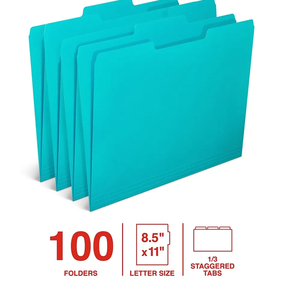Staples File Folder, 1/3-Cut Tab, Letter Size, Teal, 100/Box (ST62567) New