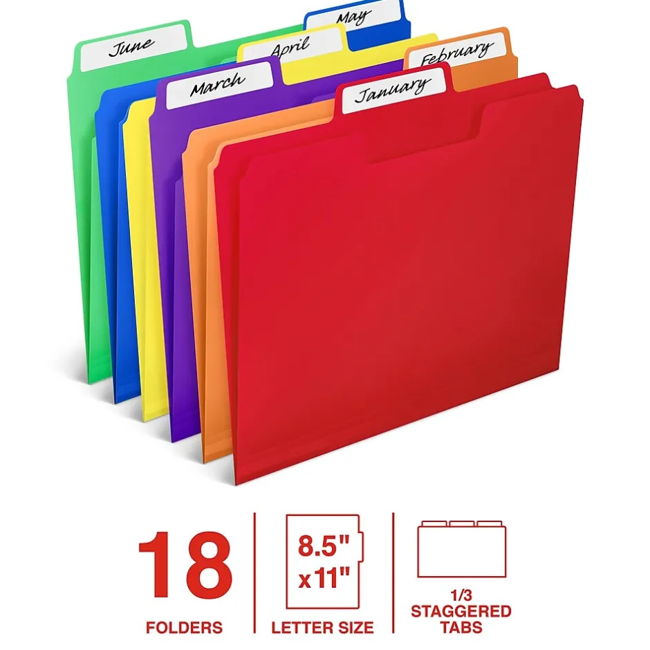 Staples File Folder, 1/3-Cut Tab, Letter Size, Plastic, Assorted Colors, 18/Box (ST62540) Discount
