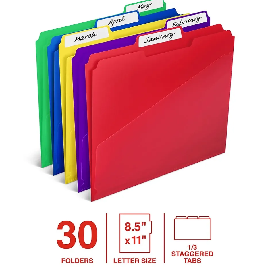 Staples File Folder, 1/3-Cut Tab, Letter Size, Plastic, Assorted Colors, 30/Box (ST62541) Hot