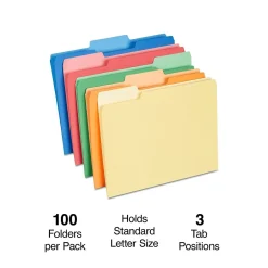 Staples File Folders, 1/3-Cut Tab, Letter Size, Assorted, 100/Box (ST378995-CC) Kraft Discount
