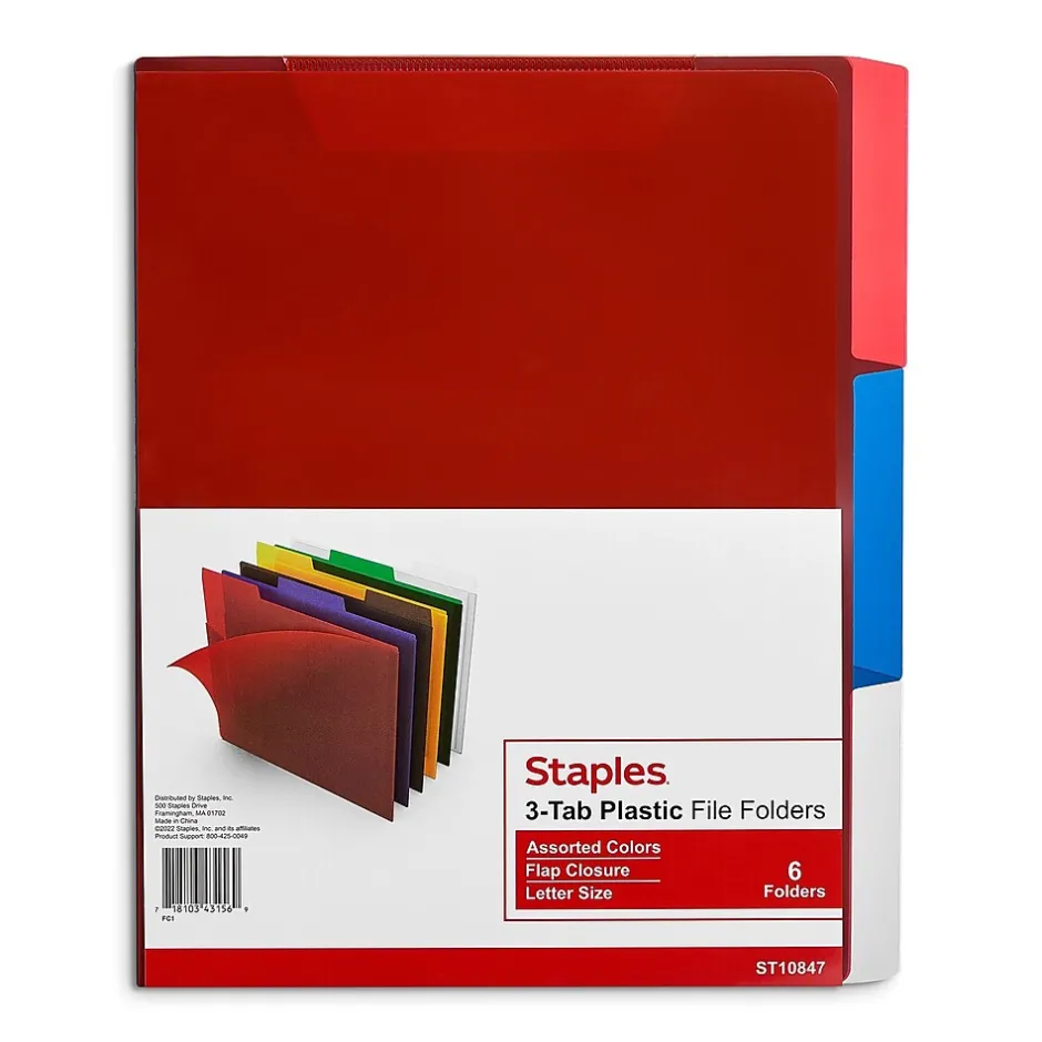 Staples File Folders, 1/3-Cut Tab, Letter Size, Assorted Colors, 6/Pack (TR10847/10847) Discount