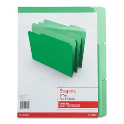 Staples File Folders, 1/3-Cut Tab, Letter Size, Green, 24/Pack (22948-US) New