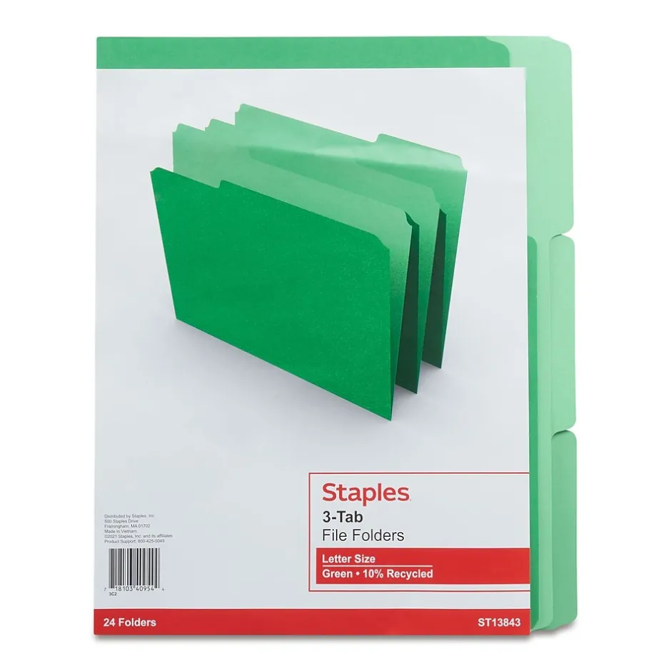 Staples File Folders, 1/3-Cut Tab, Letter Size, Green, 24/Pack (22948-US) New