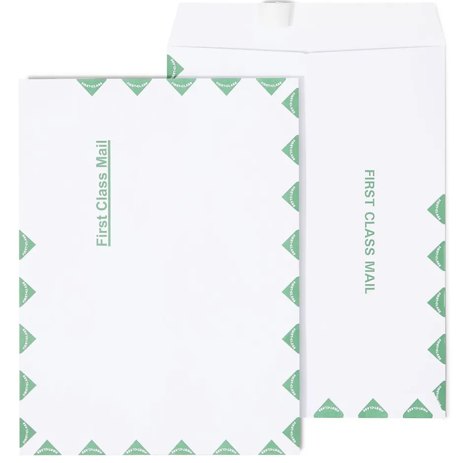 Staples First Class EasyClose Catalog Envelopes, 9"L x 12"H, White and Green, 100/Box (SPL486929)* Catalog