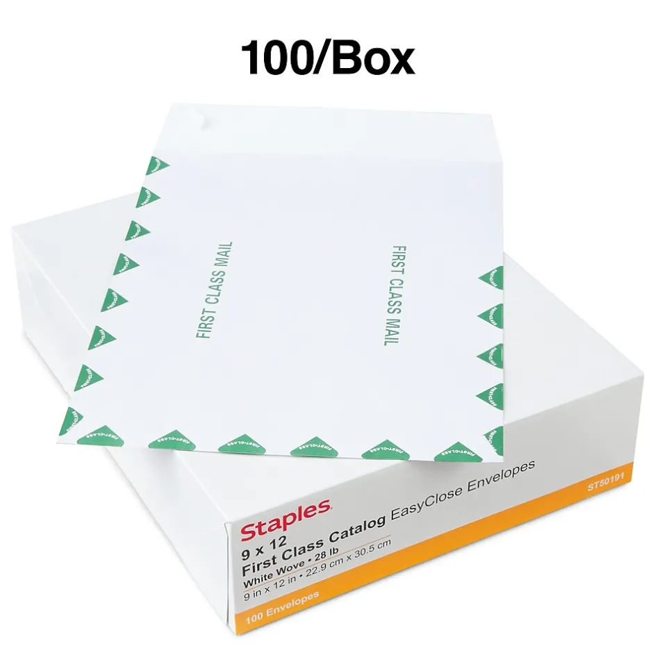 Staples First Class EasyClose Catalog Envelopes, 9"L x 12"H, White and Green, 100/Box (SPL486929)* Catalog
