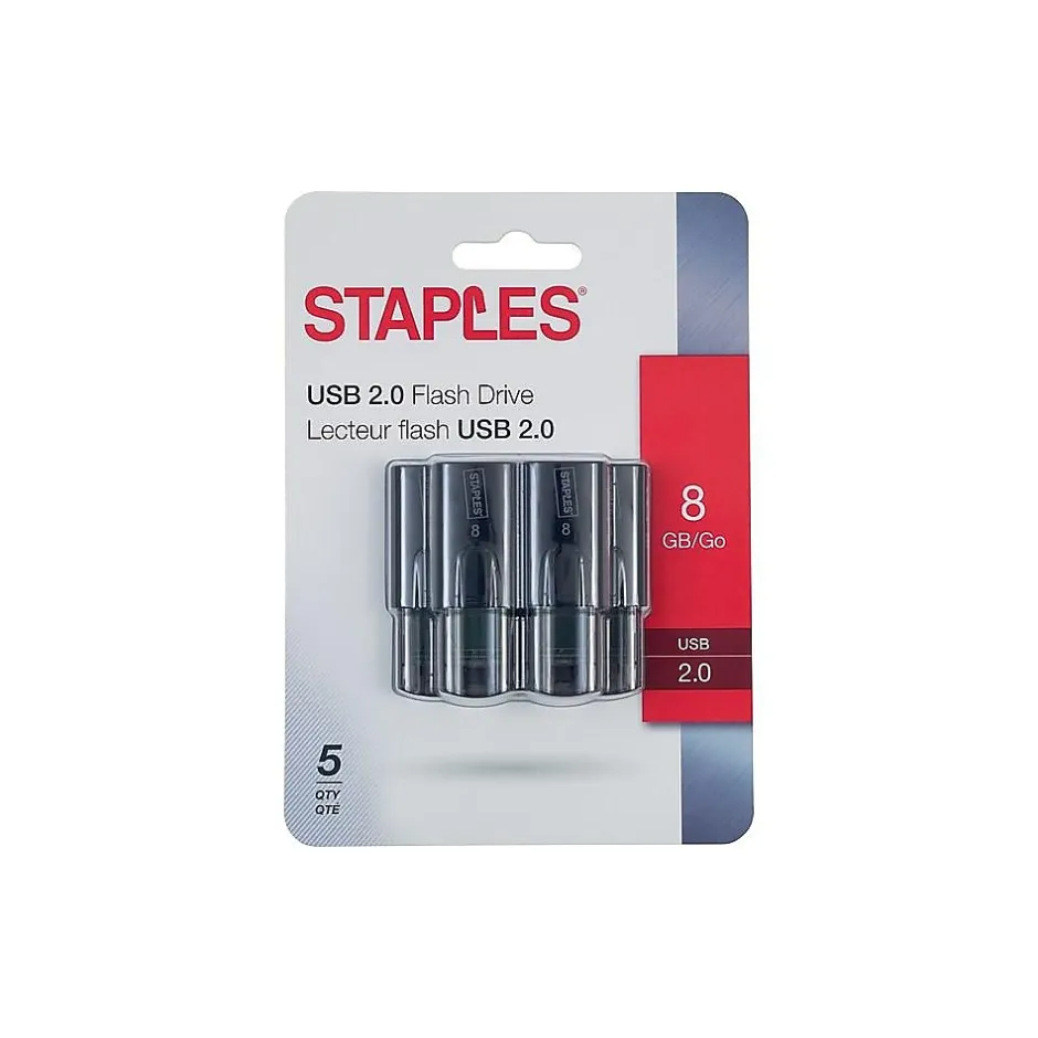 Staples 8GB USB 2.0 Type A Flash Drive, Black, 5/Pack (28194)* Usb Flash Drives