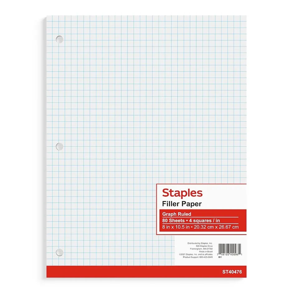 Staples ® Graph Ruled Filler Paper, 8" x 10.5", 3-Hole Punched, White, 80 Sheets/Pack (ST40476B) Online