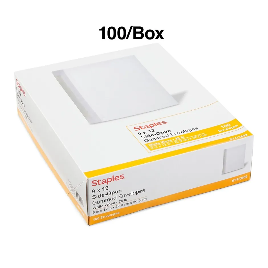 Staples Gummed Booklet Envelopes, 9" x 12", White, 100/Box (473009/19307)* Business
