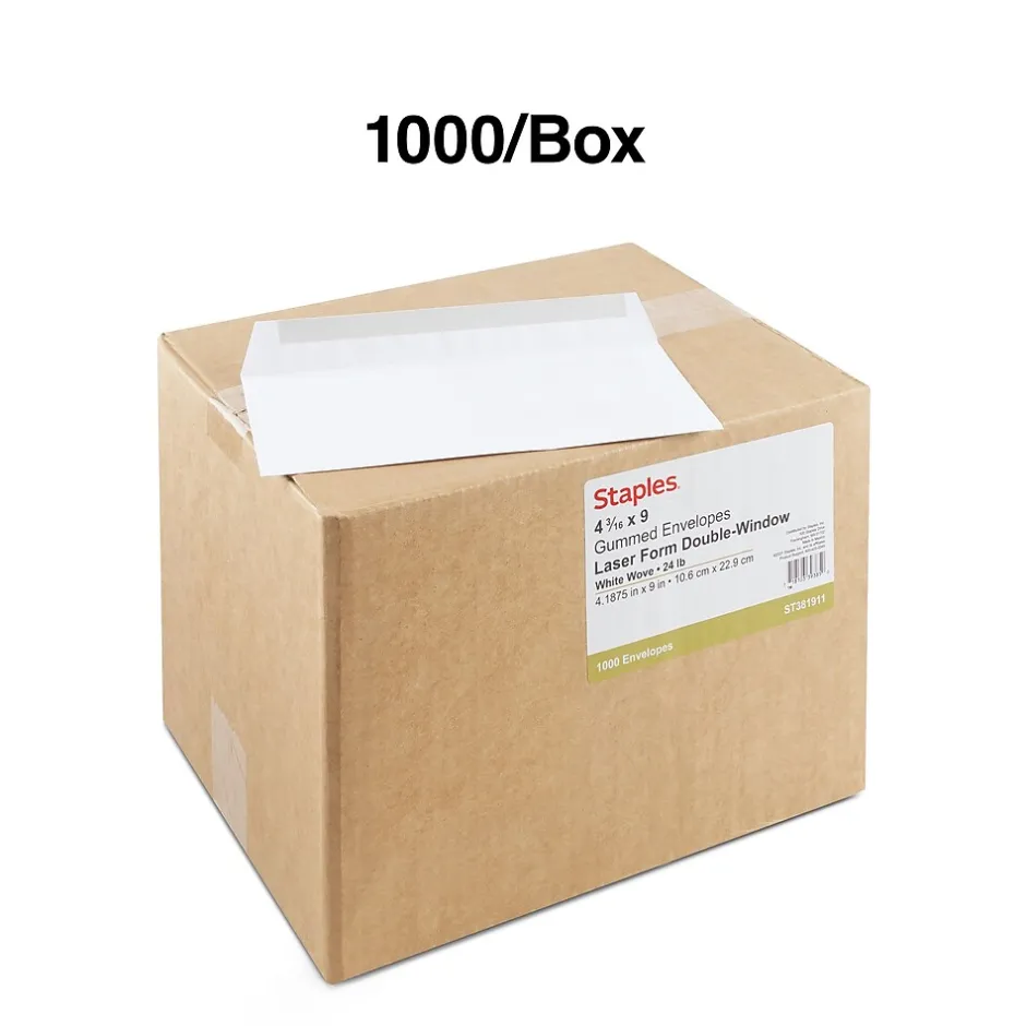 Staples Gummed Business Envelopes, 4 3/16" x 9", White, 1000/Box (381911/17045)* Business