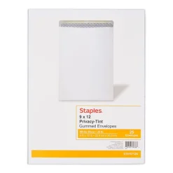 Staples Gummed Catalog Envelopes, 9" x 12", White, 25/Pack (ST579712N-CC)* Security Tinted