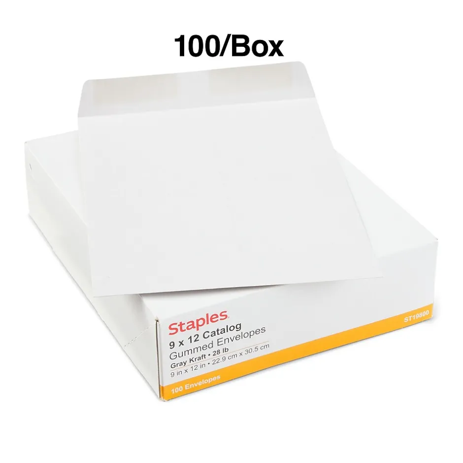 Staples Gummed Kraft Catalog Envelopes, 9" x 12", Gray, 100/Box (SPL381968)* Catalog