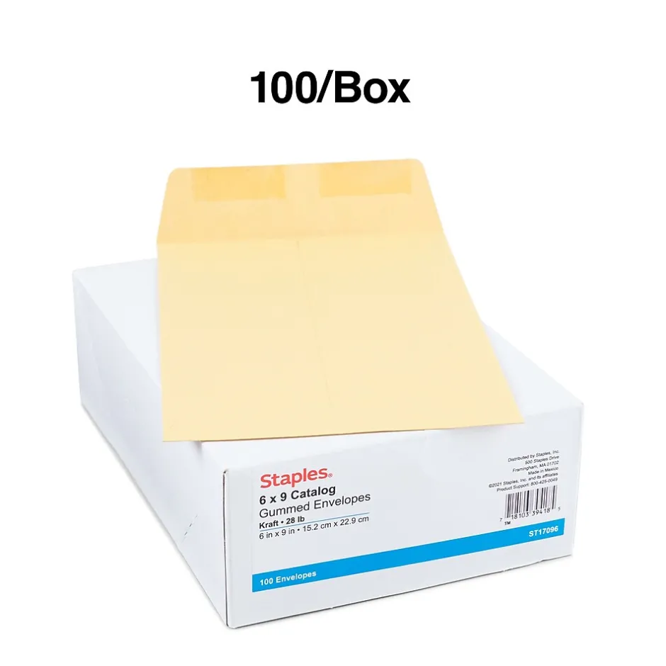 Staples Gummed Kraft Catalog Envelopes, 6" x 9", Brown, 100/Box (17097)* Catalog
