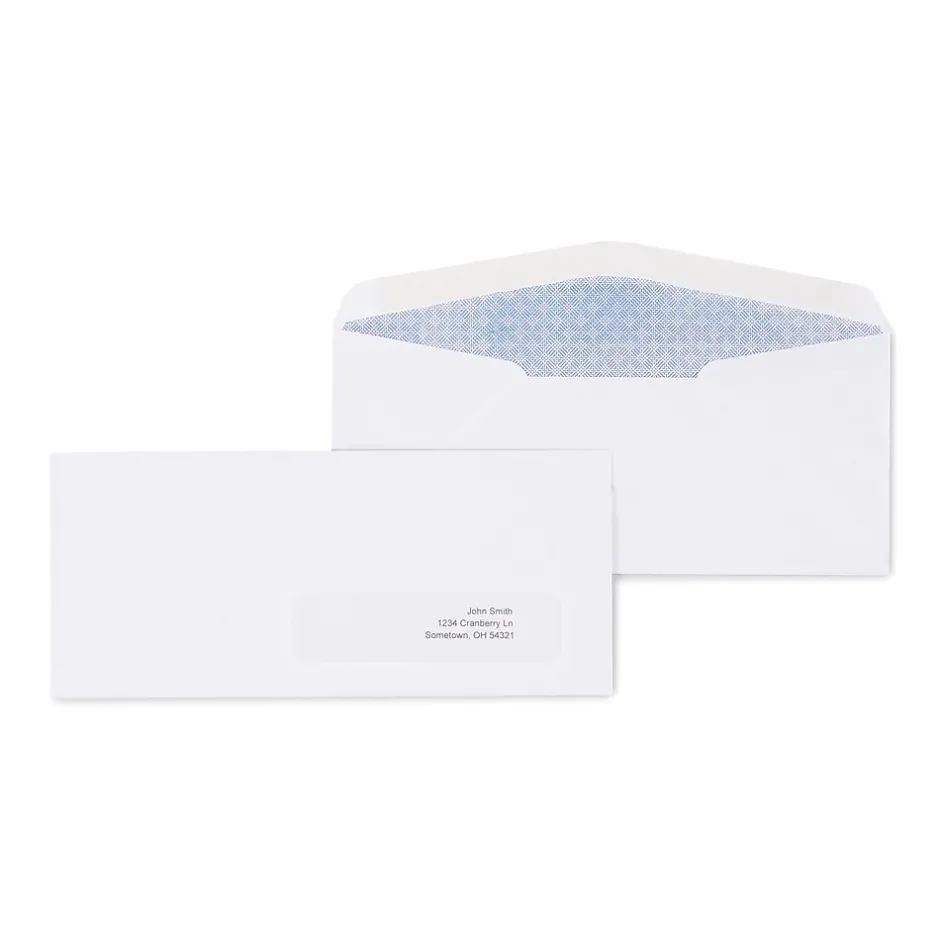 Staples Gummed Security Tinted #10 Window Envelope, 4 1/8" x 9 1/2", White Wove, 500/Box (19806/572043)* Security Tinted