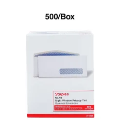 Staples Gummed Security Tinted #10 Window Envelope, 4 1/8