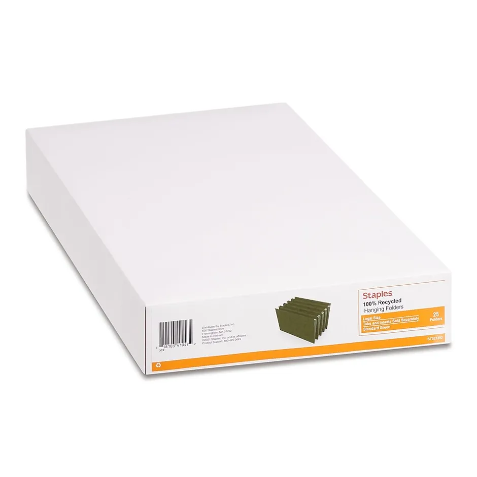Staples Hanging File Folder, Stright Cut, Legal Size, Standard Green, 25/Box (ST521252/521252) New