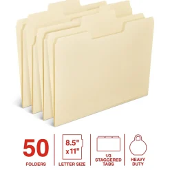 Staples Heavy Duty File Folder, 1/3-Cut Tab, Letter Size, Manila, 50/Box (ST62566) Clearance
