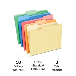 Staples Heavyweight File Folders, 1/3-Cut Tab, Letter Size, , 50/Box (ST18363-CC) Assorted Colors New