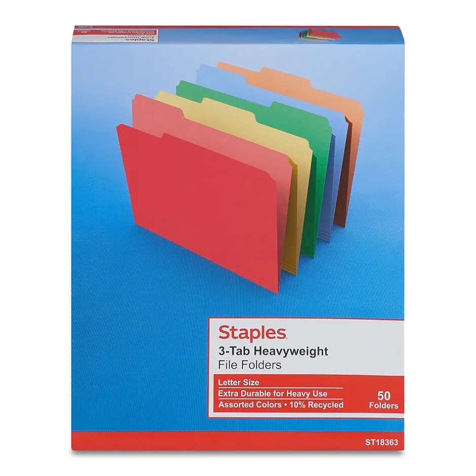 Staples Heavyweight File Folders, 1/3-Cut Tab, Letter Size, , 50/Box (ST18363-CC) Assorted Colors New