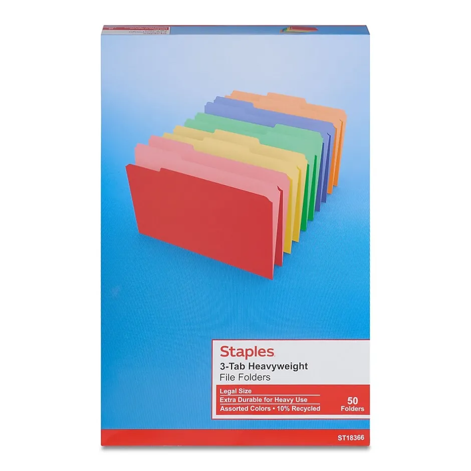 Staples Heavyweight File Folders, 1/3-Cut Tab, Legal Size, Assorted Colors, 50/Box (ST18366-CC) Sale