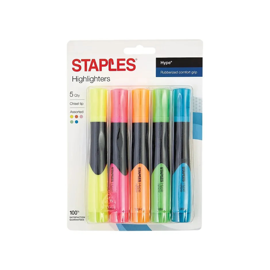 Staples Hype Tank Highlighters with Grip, Chisel Tip, Assorted, 5/Pack (29228) New